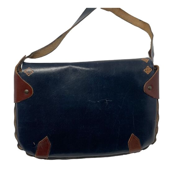 Small Vintage Blue Boho Floral Hand Crafted Tooled Leather Shoulder Bag - Picture 3 of 12